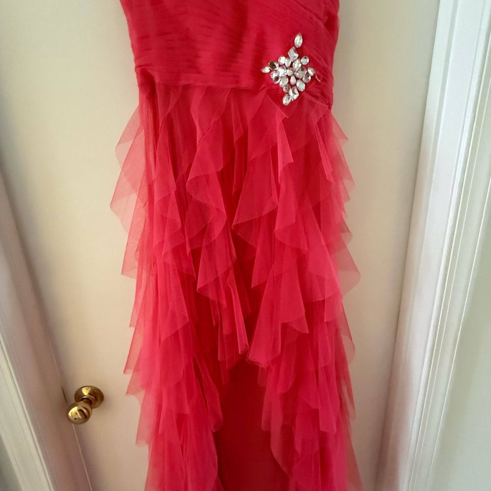 David's Bridal Pink Layered Ruffle Hi-Low  Strapless Jeweled Formal Prom Dress